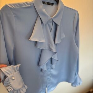 Zara Light Blue Ruffle Front Blouse